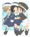  3boys :o aqua_eyes aqua_necktie aqua_socks arafune_tetsuji armband arms_at_sides black_footwear black_hair black_headwear blonde_hair blue_coat blue_headwear blue_shorts blue_socks boots brown_hair cheek-to-cheek chibi coat full_body hat heads_together highres holding_hands hug inukai_sumiharu jacket kneehighs legwear_garter long_sleeves looking_at_another looking_at_viewer male_focus multiple_boys necktie one_eye_closed open_clothes open_jacket outside_border peaked_cap sailor_collar sailor_hat shirt shishou_(xxsisyou) short_hair short_necktie shorts smile socks standing striped striped_shirt striped_socks suspender_shorts suspenders tsuji_shinnosuke violet_eyes white_shorts world_trigger 