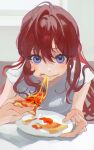  1girl absurdres blue_eyes blush eating fang food highres ichinose_shiki idolmaster idolmaster_cinderella_girls long_hair nininiwa2 pizza pizza_slice plate redhead shirt short_sleeves solo white_shirt 