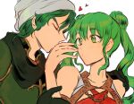  1boy 1girl alec_(fire_emblem) arm_up bandana closed_eyes fire_emblem fire_emblem:_genealogy_of_the_holy_war green_armor green_eyes hair_bun hand_on_another&#039;s_shoulder heart hetero kiss kissing_hand noshima silvia_(fire_emblem) spoken_heart twintails white_bandana 