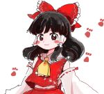  1girl ascot bare_shoulders black_hair blush_stickers bow closed_mouth commentary_request detached_sleeves frilled_bow frilled_hair_tubes frilled_shirt_collar frills hair_bow hair_tubes hakurei_reimu long_hair long_sleeves looking_at_viewer midriff paw_print red_bow red_eyes red_skirt red_vest rome35793562 simple_background skirt skirt_set smile solo touhou upper_body vest white_background yellow_ascot 