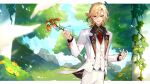  8_(e_uu88) :d black_shirt blonde_hair blue_ribbon blue_sky bush buttons clouds collared_shirt commentary_request day dress_shirt earrings feather_hair_ornament feathers flower genshin_impact grass hair_between_eyes hair_ornament hand_up highres holding holding_flower jacket jewelry kaveh_(genshin_impact) kaveh_(gigo)_(genshin_impact) lapels letterboxed long_hair long_sleeves looking_at_viewer mountain necktie official_alternate_costume open_clothes open_jacket open_mouth outdoors pants parted_bangs plant red_eyes red_flower red_necktie ribbon rock shirt sidelocks sky smile standing tie_clip tree vest vines white_jacket white_pants white_vest wing_collar yellow_flower 