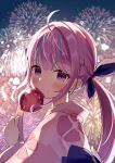  1girl :3 absurdres ahoge blue_hair blurry blurry_background braid candy candy_apple chino0803 drill_hair fireworks food french_braid hair_ribbon highres holding holding_candy holding_food hololive japanese_clothes kimono long_hair looking_at_viewer minato_aqua multicolored_hair night night_sky obi outdoors pink_hair ribbon sash sky star_(sky) starry_sky violet_eyes 