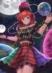  1girl black_shirt chain closed_mouth clothes_writing cowboy_shot earth_(ornament) earth_(planet) hecatia_lapislazuli highres looking_at_viewer luke_(kyeftss) medium_hair moon moon_(ornament) multicolored_clothes multicolored_skirt off-shoulder_shirt off_shoulder outdoors plaid plaid_skirt planet polos_crown red_eyes redhead shirt skirt solo space touhou 