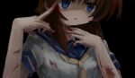  1girl absurdres blood blue_eyes blue_sailor_collar brown_hair hairo_(r228n) highres higurashi_no_naku_koro_ni neckerchief ryuuguu_rena sailor_collar school_uniform shirt short_hair solo white_shirt yellow_neckerchief 