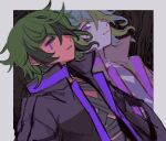  1boy bandaged_chest black_jacket border closed_eyes dual_persona green_hair hair_between_eyes hiroshi_(moremorepi) jacket long_sleeves looking_at_viewer male_focus master_detective_archives:_rain_code multicolored_hair open_clothes open_jacket open_mouth purple_eyeliner short_hair solo streaked_hair upper_body violet_eyes vivia_twilight white_border 