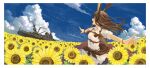  1girl animal_ears battleship belt blue_sky border bracelet breasts brown_hair closed_eyes clouds collared_shirt commentary cowboy_shot day facing_to_the_side field floating_hair flower flower_field gun handgun happy highres holster holstered jewelry long_hair military_vehicle moss multiple_belts nature open_mouth original outdoors outstretched_arms overgrown petals profile rabbit_ears rabbit_girl red_skirt sash ship shirt shoulder_holster skirt sky sleeves_rolled_up small_breasts solo spread_arms standing sunflower suzuke untucked_shirt warship watercraft weapon wind yellow_flower 