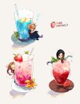  1boy 2girls aerith_gainsborough armor baggy_pants black_hair blonde_hair braid braided_ponytail brown_hair chibi closed_eyes cloud_strife dress drink drinking_straw final_fantasy final_fantasy_vii final_fantasy_vii_remake flower food fruit hair_ribbon highres jacket lily_(flower) long_dress long_hair low-tied_long_hair multiple_girls one_eye_closed pants pink_dress pink_ribbon red_eyes red_jacket ribbon sera_(serappi) short_hair shoulder_armor single_braid sitting sparkle spiky_hair standing strawberry tifa_lockhart tongue tongue_out yellow_flower 