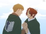  1boy 1other blue_sky brown_hair cloak closed_eyes clouds commentary english_commentary eyepatch glasses green_cloak hair_bun hand_grab hange_zoe hanpetos moblit_berner one-hour_drawing_challenge shingeki_no_kyojin single_hair_bun sky smile survey_corps_(emblem) translation_request 