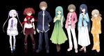  1boy 6+girls aqua_hair bandaged_head bandaged_leg bandages black_background black_neckerchief black_pantyhose black_skirt blue_hair brown_eyes brown_hair dress expressionless full_body gakuran green_dress green_eyes hair_bobbles hair_ornament highres jacket kurasuke light_brown_hair long_hair makki_shoujobyou_-lyrical_pop_world&#039;s_end- multiple_girls neckerchief pajamas pantyhose pink_jacket pleated_skirt red_eyes red_scarf scarf school_uniform serafuku shirt short_hair simple_background skirt smile tachi-e twintails very_long_hair violet_eyes white_hair white_shirt white_skirt 