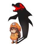  1girl absurdres brown_hair cabbie_hat chibi different_shadow guilty_gear guilty_gear_strive hands_in_pockets hat highres hood hoodie long_hair may_(guilty_gear) mil17459623 mr._dolphin_(guilty_gear) orange_headwear orange_hoodie shadow white_background 