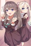  2girls :d absurdres back-to-back blonde_hair blue_eyes blush brown_dress brown_hair clenched_hands closed_mouth dot_nose double-parted_bangs dress feet_out_of_frame forehead fujishima_megumi gyaru_v hands_up heart highres lightning_bolt_symbol link!_like!_love_live! long_bangs long_hair long_sleeves love_live! multiple_girls one_side_up ooho0216 open_mouth osawa_rurino raised_eyebrows sailor_collar sailor_dress school_uniform sidelocks smile teeth upper_teeth_only v violet_eyes white_sailor_collar 