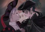  2boys black_hair black_headwear blurry blurry_background dire_crowley earrings eye_contact grey_hair hat_feather jewelry looking_at_another mask minatoya_mozuku multiple_boys pointy_ears rollo_franme short_hair twisted_wonderland upper_body 