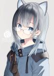  1girl animal_ears blue_eyes blue_jacket capriccio cat_ears closed_mouth commentary_request drawstring glasses grey_background grey_hair hair_between_eyes jacket long_hair looking_at_viewer original simple_background solo upper_body 