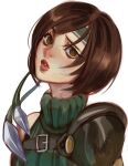  1girl armor bob_cut breasts brown_eyes brown_hair charmiisan chest_strap final_fantasy final_fantasy_vii green_shirt headband looking_at_viewer medium_breasts portrait puckered_lips shirt short_hair shoulder_armor sketch sleeveless sleeveless_turtleneck solo swept_bangs turtleneck upper_body white_background yuffie_kisaragi 