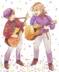  :d arven_(pokemon) belt blue_eyes brown_footwear brown_hair confetti facing_another florian_(pokemon) guitar highres instrument jacket looking_at_another male_focus minminzemi multicolored_hair music pants playing_instrument pokemon pokemon_(game) pokemon_sv purple_headwear purple_shirt red_jacket shirt short_hair singing smile standing streaked_hair 