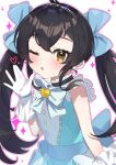  1girl :o absurdres ahoge arm_at_side back_bow black_hair blue_bow blue_bowtie blue_dress blush bow bowtie brooch dot_nose dress gloves hair_between_eyes hair_bow hand_up heart heart_brooch highres idolmaster idolmaster_cinderella_girls idolmaster_cinderella_girls_u149 jewelry long_hair looking_at_viewer matoba_risa one_eye_closed ooho0216 open_hand open_mouth raised_eyebrows short_sleeves sidelocks simple_background solo twintails upper_body white_background white_gloves yellow_eyes 