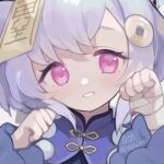  1girl 750x077 artist_name chinese_clothes close-up coin_hair_ornament dress genshin_impact hair_between_eyes hair_ornament hands_up hat jewelry jiangshi long_sleeves looking_at_viewer ofuda open_mouth parted_lips portrait purple_dress purple_hair qing_guanmao qiqi_(genshin_impact) short_hair sidelocks signature smile solo talisman twitter_username upper_body violet_eyes wide_sleeves 