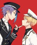  2boys black_gloves black_headwear black_jacket black_shirt blonde_hair blue_hair brooch chain closed_mouth collar_chain_(jewelry) collared_shirt commentary earrings fingerless_gloves fingernails from_side gloves grey_headwear hat hat_ornament hexagram highres jacket jewelry kamishiro_rui lapels long_sleeves looking_at_another looking_down looking_to_the_side male_focus multicolored_clothes multicolored_hair multicolored_headwear multiple_boys notched_lapels orange_hair peaked_cap pointing pointing_at_another project_sekai purple_hair red_background shachi_(kaisendon) shirt shoulder_boards simple_background star_(symbol) star_hat_ornament streaked_hair stud_earrings tenma_tsukasa textless_version toggles two-tone_hair upper_body white_headwear white_jacket white_shirt yellow_eyes yellow_headwear 