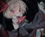  1girl ascot black_skirt black_vest blonde_hair closed_mouth hair_between_eyes hair_ribbon hands_on_own_face highres looking_at_viewer red_ascot red_eyes red_ribbon ribbon rumia shirt short_hair skirt solo soresaki touhou vest white_shirt 