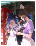  2girls ahoge animal_ears bag blue_eyes blue_hair bow bowtie breasts brown_hair cellphone colored_inner_hair comiket_102 convenience_store daitaku_helios_(umamusume) ear_covers english_text food hair_ornament hairclip harusame_tsubaki heterochromia highres holding holding_food holding_phone horse_ears mouth_hold multicolored_hair multiple_girls open_mouth outdoors papico_(ice_cream) phone ponytail purple_shirt sailor_collar school_uniform shade sharp_teeth shirt shop short_sleeves shoulder_bag skirt small_breasts smartphone smile streaked_hair teeth tracen_school_uniform twin_turbo_(umamusume) twintails umamusume upper_body vending_machine violet_eyes white_skirt yellow_eyes 