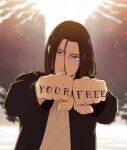  1boy black_coat brown_hair clenched_hands coat commentary english_text eren_yeager finger_tattoo frown green_eyes hair_between_eyes hanpetos male_focus medium_hair shingeki_no_kyojin solo tattoo upper_body 