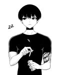  1boy black_choker black_hair black_shirt character_age choker cigarette earrings expressionless greyscale highres jewelry monochrome original shadow shirt short_hair short_sleeves simple_background solo tattoo taut_clothes taut_shirt upper_body vulcan_(ejel2000) white_background 