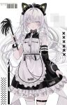 1girl alternate_costume apron black_dress black_nails blush chiemo_(xcem) dress enmaided fingernails frilled_apron frilled_dress frills grey_eyes grey_hair hair_between_eyes highres holding long_hair looking_at_viewer maid maid_apron maid_headdress nail_polish necktie one_eye_closed open_mouth original single_thighhigh smile solo thigh-highs thigh_strap twintails white_apron white_necktie white_thighhighs 