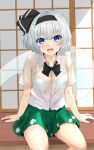  1girl absurdres black_bow black_bowtie black_hairband black_ribbon blue_eyes blush bob_cut bow bow_hairband bowtie bra_visible_through_clothes breasts collared_shirt green_skirt grey_hair hair_ribbon hairband highres hitodama_print konpaku_youmu regi857 ribbon shirt short_hair skirt small_breasts solo touhou wet wet_clothes wet_shirt white_shirt 