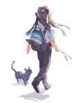  1girl backpack bag blue_eyes brown_hair cat facing_away full_body gradient_hair highres holding long_hair multicolored_hair original pants remi_(remi_0702) shadow simple_background solo walking white_background 