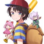  3girls :3 backpack bag baseball_bat baseball_cap black_bow black_hair blue_eyes bow chibi closed_eyes closed_mouth cosplay dress fire floating glasses hair_bow hat highres himemori_luna holding holding_baseball_bat hololive ice jeff_andonuts jeff_andonuts_(cosplay) long_hair looking_at_viewer magic medium_hair mother_(game) mother_2 multiple_girls nekomata_okayu ness_(mother_2) ness_(mother_2)_(cosplay) oozora_subaru open_mouth paula_(mother_2) paula_(mother_2)_(cosplay) pink_dress pink_hair purple_hair red_bow rocket shirt short_sleeves simple_background sitting smile striped striped_shirt t-shirt umedoufu virtual_youtuber white_background 