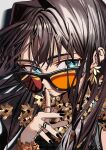  1girl aqua_eyes black_dress black_nails brown_hair choppy_bangs cropped dress earrings elisia_valfelto finger_to_mouth floral_print gold_bracelet highres jewelry long_hair looking_at_viewer luicent multiple_rings original ring shadow sunglasses 