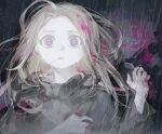  1boy ahoge black_cloak blonde_hair blood blood_from_mouth cloak commentary_request from_above highres hood hood_down long_hair long_sleeves looking_at_viewer lying makoto_kagutsuchi male_focus master_detective_archives:_rain_code on_back open_mouth pale_skin pink_blood puddle rain solo spoilers symbol_in_eye upper_body violet_eyes wframe wide-eyed 