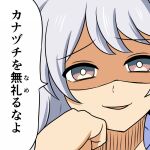 1girl brown_eyes close-up commentary don&#039;t_look_down_on_central_(meme) grey_hair grin hishi_miracle_(umamusume) horse_girl long_hair looking_at_viewer meme nishi_koutarou shaded_face smile solo translated umamusume 