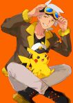  1boy black_footwear boots brown_jacket captain_pikachu clothed_pokemon commentary friede_(pokemon) goggles goggles_on_head grin highres hinata_(ryohinata) jacket male_focus medium_hair on_lap open_clothes open_jacket orange_background orange_eyes pants pikachu pokemon pokemon_(anime) pokemon_(creature) pokemon_horizons pokemon_on_lap shirt sitting smile teeth white_hair 