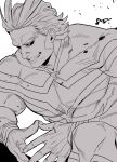  1boy all_might black_sclera bodysuit boku_no_hero_academia colored_sclera debris from_side gesture_request greyscale grin looking_ahead male_focus monochrome muscular muscular_male pectorals short_hair smile solo superhero thick_eyebrows yan_(bltyann) 