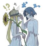  !? 2girls blonde_hair blue_hair blush bocchi_the_rock! brown_headwear closed_mouth dress flower hat holding holding_flower ijichi_nijika long_hair mole mole_under_eye multiple_girls open_mouth ree_(re-19) short_hair short_sleeves simple_background straw_hat sunflower white_background white_dress yamada_ryo yellow_eyes 