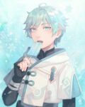  1boy black_bodysuit blue_background blue_hair bodysuit chinese_clothes chongyun_(genshin_impact) driftwoodwolf fingerless_gloves food genshin_impact gloves holding hood hoodie japanese_clothes light_blue_hair looking_at_viewer male_focus open_mouth popsicle snowflakes solo teeth upper_body white_hoodie 