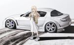  1girl absurdres blonde_hair bokuya car closed_mouth dress full_body highres jacket long_hair looking_at_viewer mazda_rx-8 motor_vehicle original shadow shoes skid_mark sneakers solo standing violet_eyes white_car white_dress white_footwear yellow_jacket 