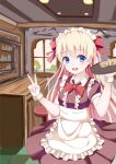  1girl apron blonde_hair blue_eyes indoors kauru00 long_hair looking_at_viewer maid maid_apron maid_headdress open_mouth original smile solo v 