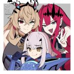  3girls baobhan_sith_(fate) barghest_(fate) blonde_hair brown_eyes earrings fang fate/grand_order fate_(series) gloves green_eyes grey_background grey_eyes heterochromia highres imuzi jewelry long_hair melusine_(fate) multiple_girls pink_hair pointy_ears red_eyes smile tongue tongue_out typo v white_hair 