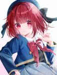  1girl absurdres arima_kana blue_headwear blue_jacket bob_cut closed_mouth happy hat hat_ribbon highres inverted_bob jacket light_blush looking_at_viewer mashiro1559 oshi_no_ko pink_ribbon red_eyes redhead ribbon school_uniform short_hair smile youtou_high_school_uniform 