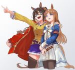  2girls animal_ears armband belt benikirin blue_eyes breasts brown_hair buttons coat coat_on_shoulders commentary cropped_legs domino_mask double-breasted dress el_condor_pasa_(umamusume) grass_wonder_(umamusume) grey_background hand_on_another&#039;s_shoulder highres holding_own_arm horse_ears horse_girl horse_tail jacket long_sleeves mask medium_breasts multiple_girls open_mouth pantyhose pointing purple_skirt red_coat skirt small_breasts smile tail thigh-highs umamusume white_dress yellow_jacket 