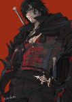  1boy belt black_belt black_cloak black_eyes black_hair black_pants clive_rosfield cloak cowboy_shot facial_hair final_fantasy final_fantasy_xvi hair_between_eyes highres long_sleeves male_focus messy_hair pants piyomotsu red_background red_vest scar scar_on_cheek scar_on_face short_hair solo stubble sword twitter_username vest weapon weapon_on_back 