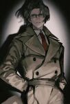  1boy a_yue_huaite ace_attorney alternate_costume buttons coat collared_shirt dark glasses grey_eyes grey_hair hands_in_pockets highres long_sleeves looking_to_the_side male_focus miles_edgeworth necktie parted_bangs parted_lips red_necktie shadow shirt short_hair simple_background solo white_shirt yellow_coat 