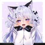  1girl :d animal_ear_fluff animal_ears black_gloves blue_hair cat_ears cat_girl fangs fingerless_gloves gloves hanazome_uta highres indie_virtual_youtuber light_blue_hair long_hair long_sleeves looking_at_viewer open_mouth skin_fangs smile sweater two_side_up violet_eyes virtual_youtuber white_sweater yomayoi_yura 