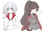  2girls akane031 black_dress black_hair blue_eyes blush cape crossed_arms dress gradient_hair grey_eyes highres long_hair multicolored_hair multiple_girls musical_note red_cape redhead ruby_rose rwby scar scar_across_eye short_hair weiss_schnee white_background white_dress white_hair 