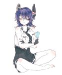  1girl bare_shoulders black_headwear black_skirt breasts checkered_necktie eating eyepatch food full_body highres holding holding_food holding_popsicle indian_style kantai_collection medium_hair messy_hair necktie pocket popsicle purple_hair shirt sitting skirt solo tenryuu_(kancolle) tenryuu_kai_ni_(kancolle) tokiwa_(tkw_kc) white_background white_shirt 