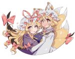  2girls animal_ears blonde_hair blush breasts dress elbow_gloves fox_ears fox_tail frilled_sleeves frills gap_(touhou) gloves hat hat_ribbon heart highres large_breasts long_hair masanaga_(tsukasa) mob_cap multiple_girls multiple_tails one-hour_drawing_challenge open_mouth purple_dress red_ribbon ribbon short_hair short_sleeves simple_background tabard tail touhou violet_eyes white_background white_gloves white_headwear yakumo_ran yakumo_yukari yellow_eyes 