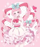  1girl absurdres blue_bow bow commentary dress drill_hair hair_bow heart highres humanization long_hair meme_(mmmwawa) my_melody pink_bow pink_eyes pink_hair sanrio solo symbol-only_commentary twin_drills white_dress 