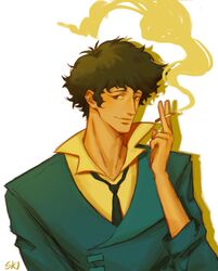  1boy cigarette cowboy_bebop highres holding holding_cigarette koitosoup light_smile messy_hair necktie shirt signature simple_background smoke solo spike_spiegel spiky_hair upper_body white_background yellow_shirt 